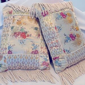 Asian inspired Floral cream rectangular Pillows with fringe detail. Set of 2 .